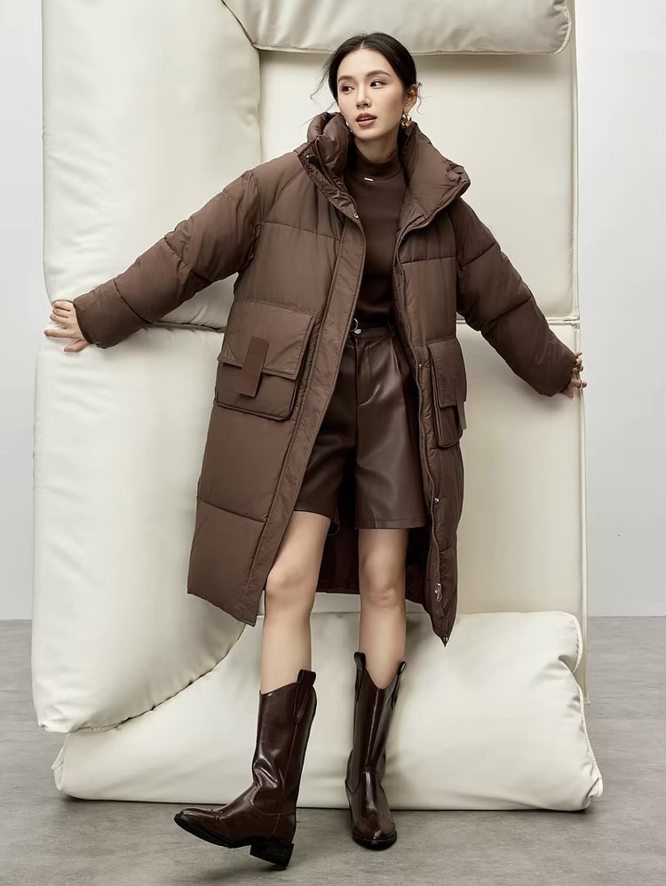 Big Puff Coat     Women’s Winter thick straight hooded geometric cotton quilted parkas solid oversized long sleeves button-up zipper snap button close flap latch seal patch pockets cotton coat for woman in brown Casual mid-length outwear tall-, plus-, size puffer jackets Outerwear coats Female outwear #W44M57388