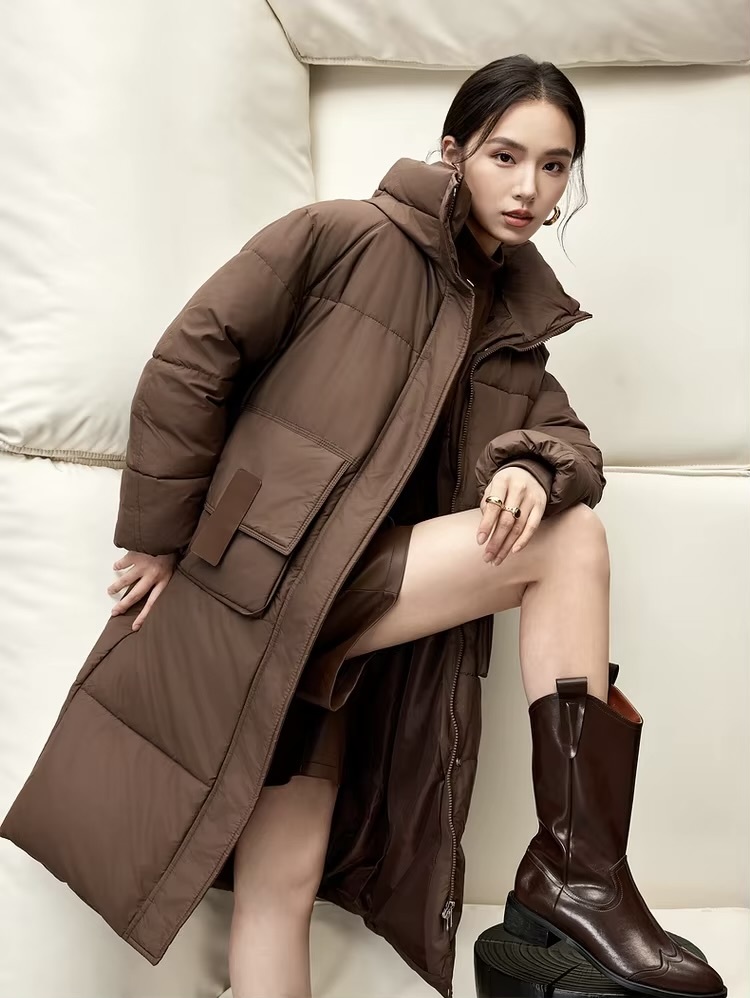 Big Puff Coat     Women’s Winter thick straight hooded geometric cotton quilted parkas solid oversized long sleeves button-up zipper snap button close flap latch seal patch pockets cotton coat for woman in brown Casual mid-length outwear tall-, plus-, size puffer jackets Outerwear coats Female outwear #W44M57388