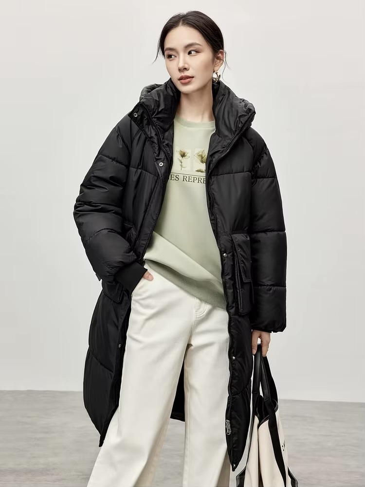 Big Puff Coat     Women’s Winter thick straight hooded geometric cotton quilted parkas solid oversized long sleeves button-up zipper snap button close flap latch seal patch pockets cotton coat for woman in black Casual mid-length outwear tall-, plus-, size puffer jackets Outerwear coats Female outwear #W44M57388