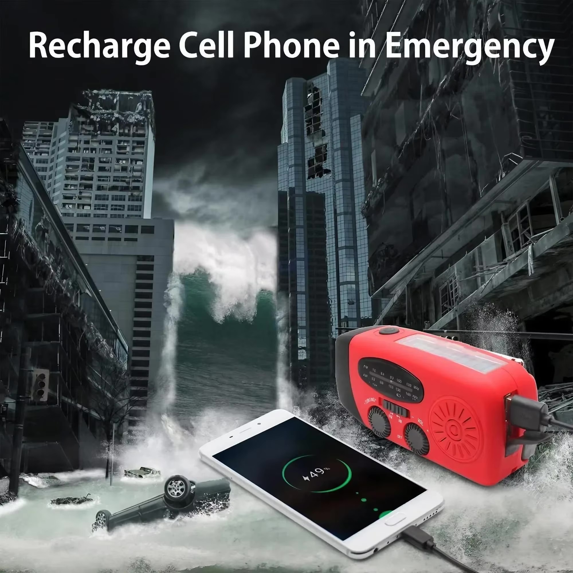 Light Luxury High-quality Elegant camping, apocalypse disaster multifunctional hand-crank and solar powered generator radio flashlight device charge Emergency equipment accessories Apocalyptic war Preparedness accessory in red with black accent