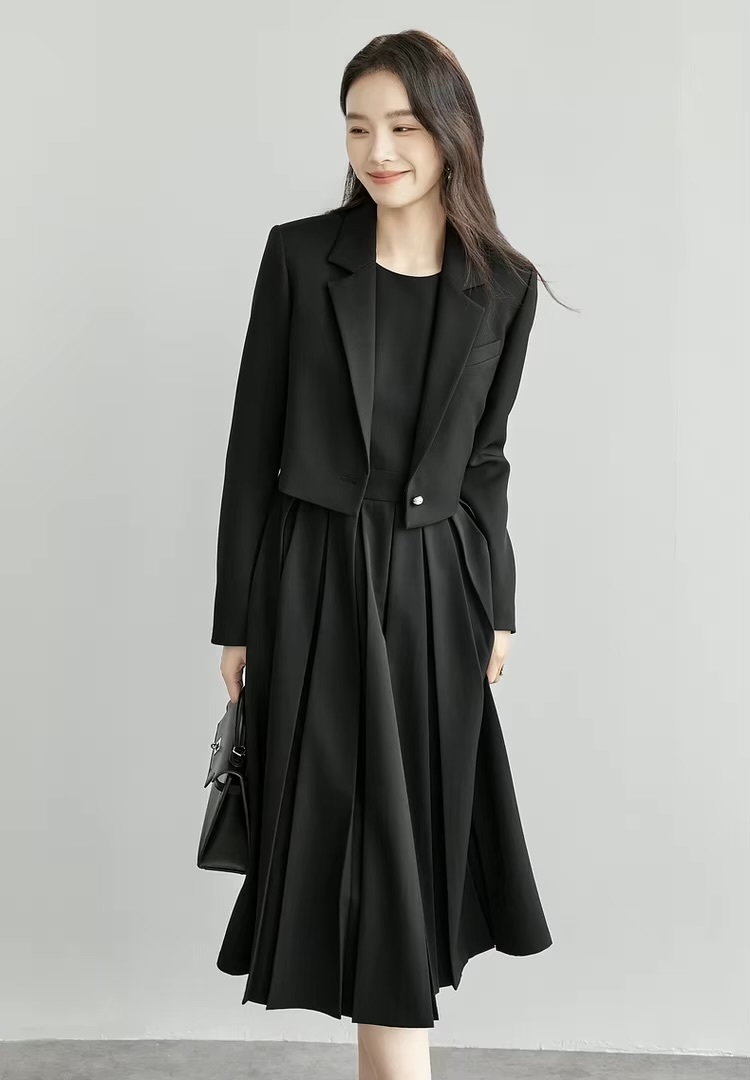 Crop Blazer   Women’s straight notched turn-down collar neck long sleeves with triple (3 three) button cuffs cropped single button blazers for woman Office Lady wfh workwear womens Spring outwear Fashion evening party petite-, tall-, plus-, size outerwear Jackets in black #151X57379