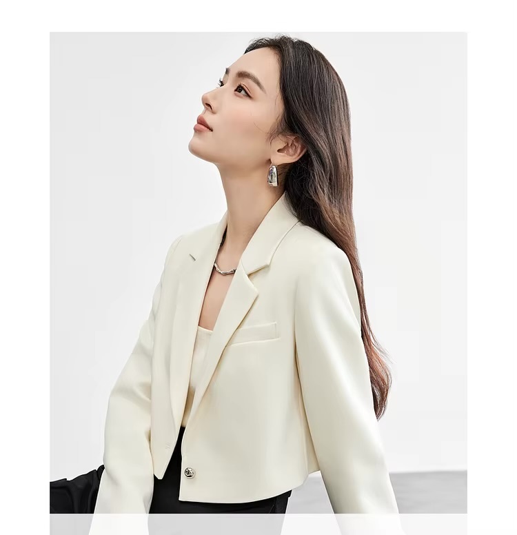 Crop Blazer   Women’s straight notched turn-down collar neck long sleeves with triple (3 three) button cuffs cropped single button blazers for woman Office Lady wfh workwear womens Spring outwear Fashion evening party petite-, tall-, plus-, size outerwear Jackets in white #151X57379
