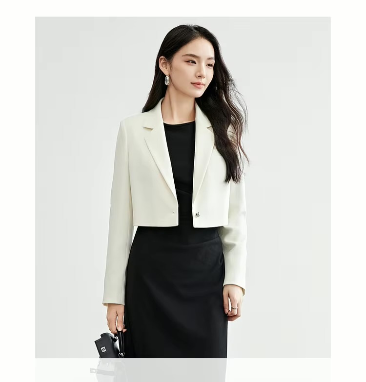 Crop Blazer   Women’s straight notched turn-down collar neck long sleeves with triple (3 three) button cuffs cropped single button blazers for woman Office Lady wfh workwear womens Spring outwear Fashion evening party petite-, tall-, plus-, size outerwear Jackets in white #151X57379