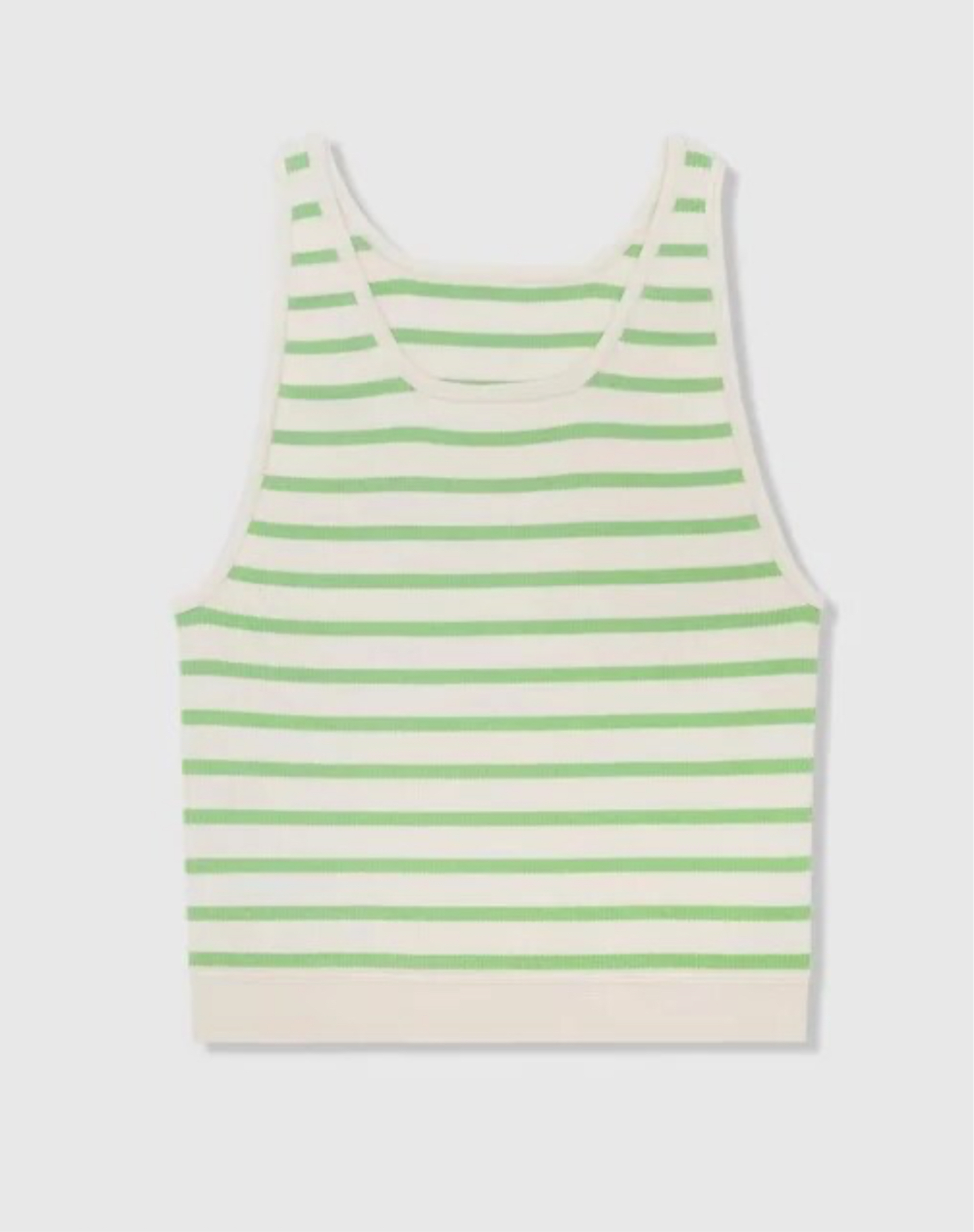 Minimal Boatneck Tank Top    Women’s FrankieSHOP Striped womens petite size Vest Spring Summer Minimalist Commuter workwear Versatile Slim-knit Scoopneck round neck sleeveless Cropped Suspender Tops for Woman in green and white