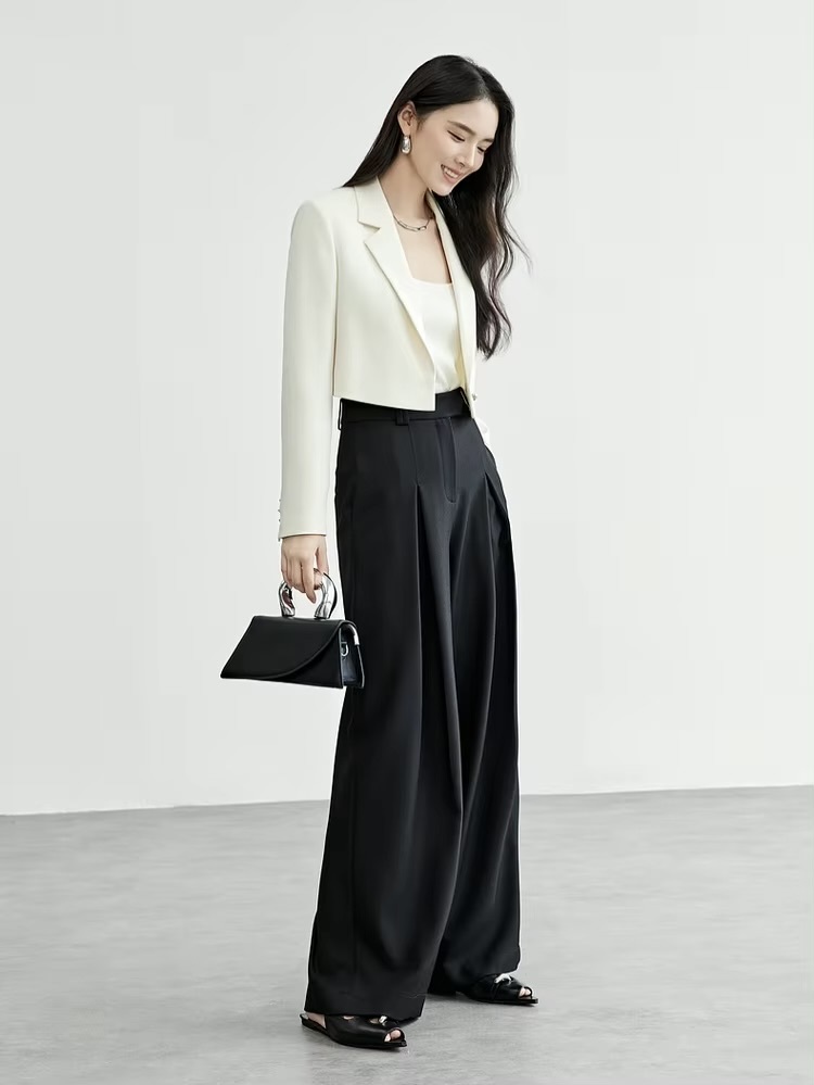 Crop Blazer   Women’s straight notched turn-down collar neck long sleeves with triple (3 three) button cuffs cropped single button blazers for woman Office Lady wfh workwear womens Spring outwear Fashion evening party petite-, tall-, plus-, size outerwear Jackets in white #151X57379