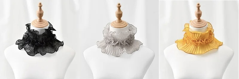 Women’s Ruffle Mesh Fake Collar Shawl for woman in black, Gray grey, yellow Womens ruffled Clown Performance Makeup Neck Accessories Renaissance Tulle Costume Detachable ruffles Collar shawls collars