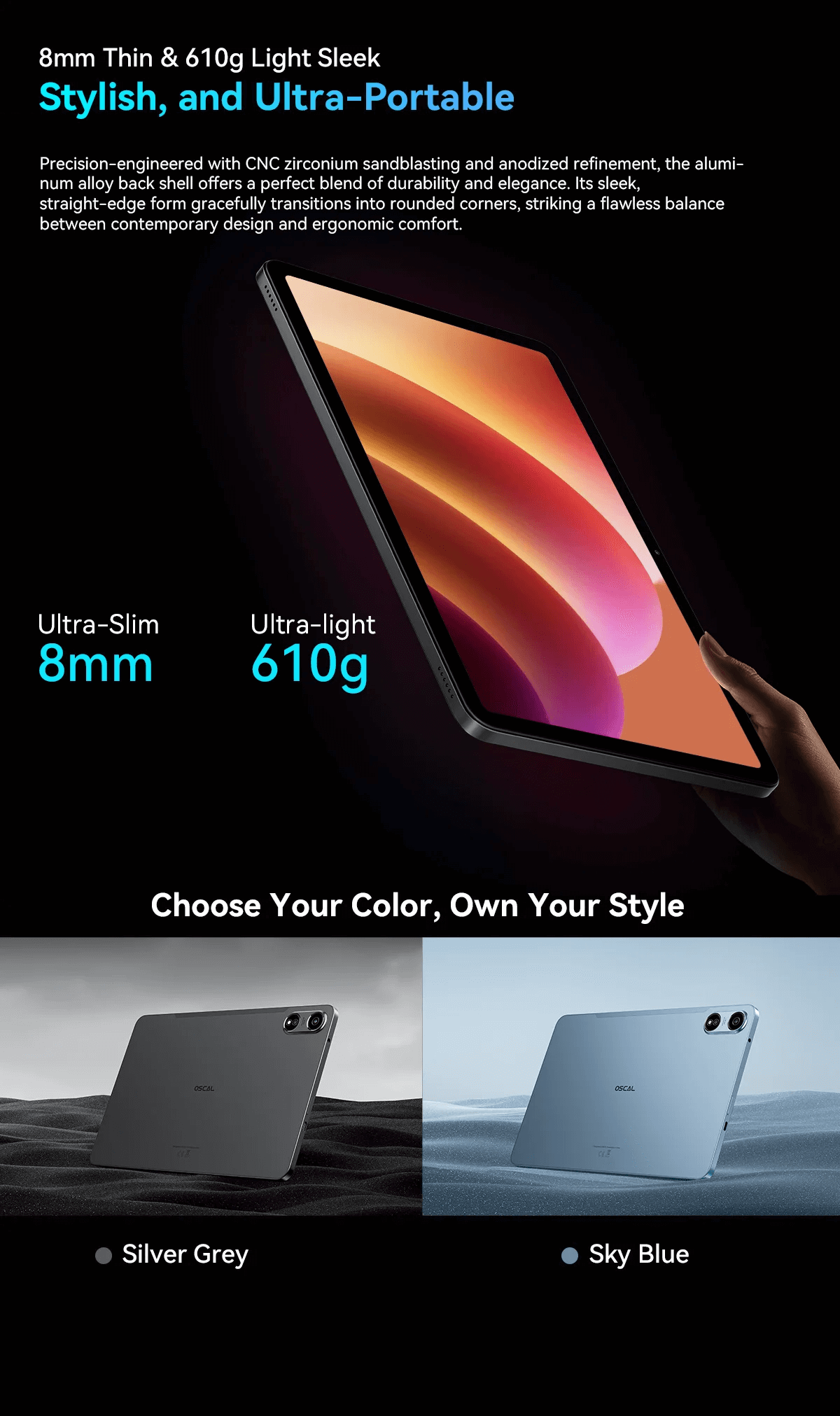 OSCAL Pad 100, Tablet Android 15, 12″ inch 2K Display T615 Octa Core, 16MP AI Camera 24GB(8+16) 256GB Tablet 9000mAh, 4G LTE PC in blue