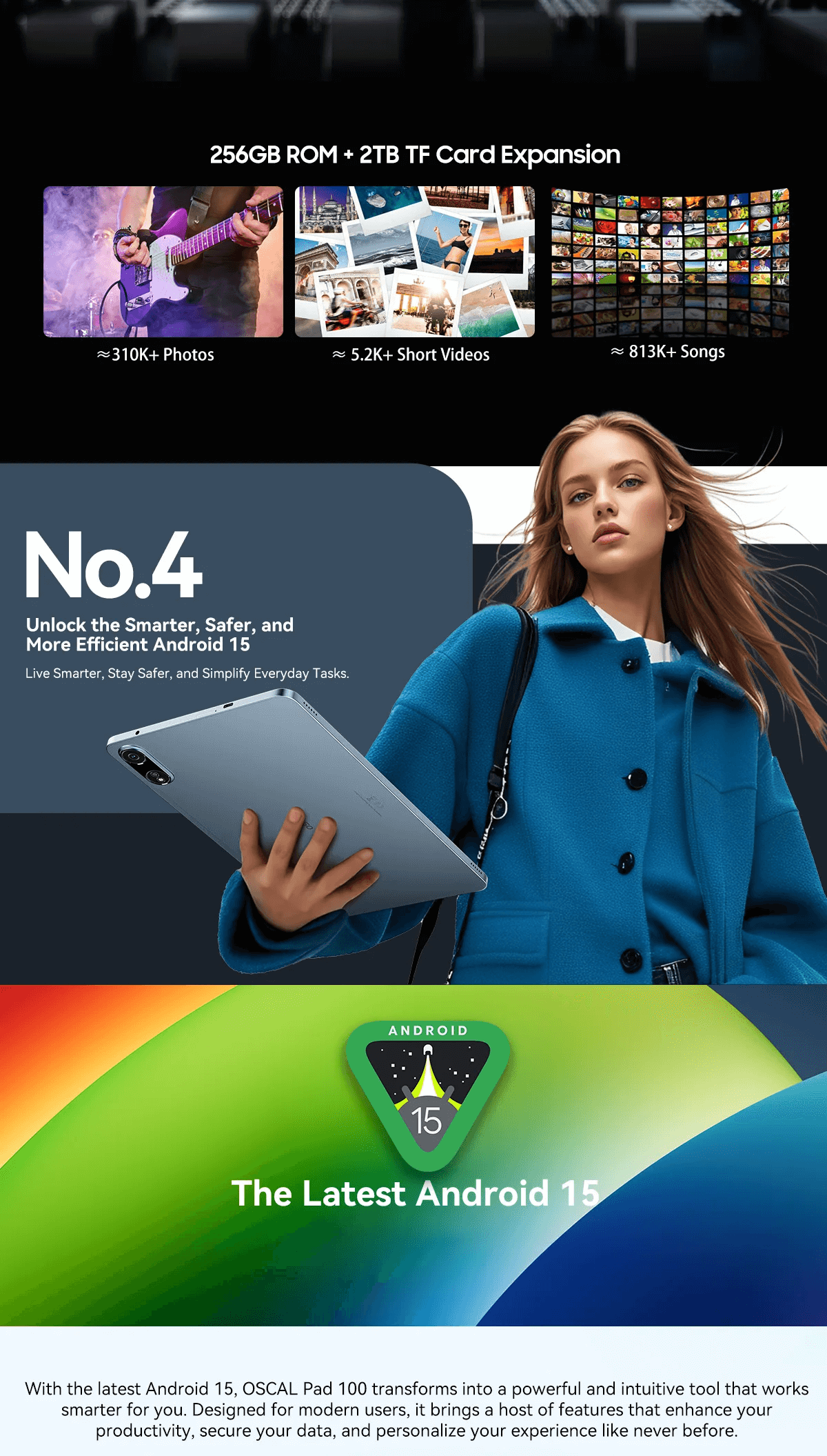 OSCAL Pad 100, Tablet Android 15, 12″ inch 2K Display T615 Octa Core, 16MP AI Camera 24GB(8+16) 256GB Tablet 9000mAh, 4G LTE PC in blue