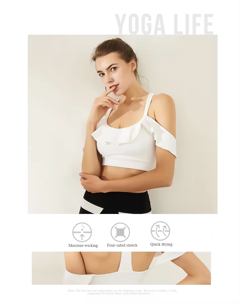 Off Shoulder Ruffled Crop Top  For fitness Women’s sexy push up wirefree racerback Yoga sportswear tops underwear for woman Running Pilates Gym womens activewear Sports bras in white