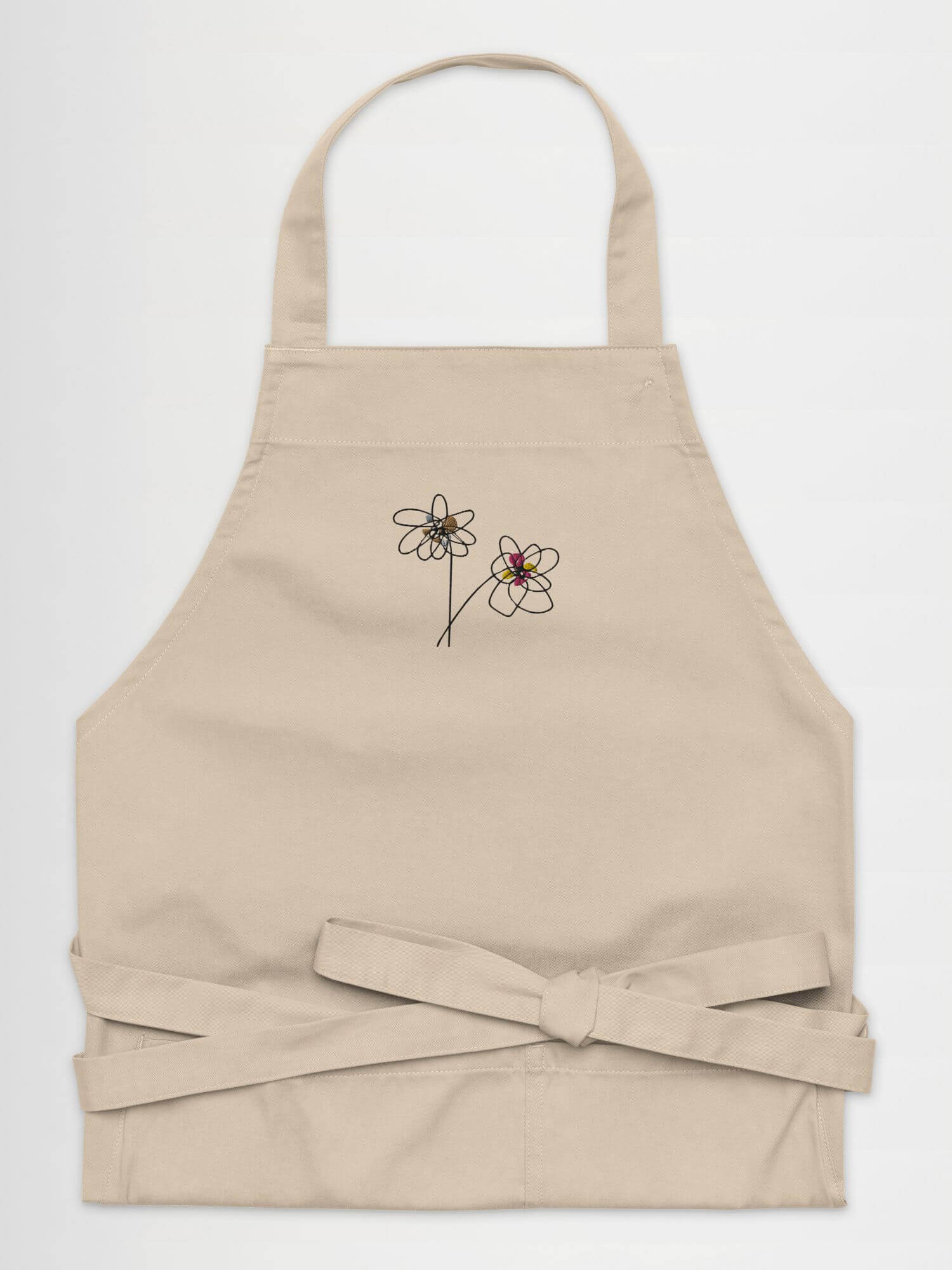 Organic Cotton Apron   Unisex anywear Men’s Women’s floral Kitchen aprons for man woman in khaki beige with multicolor flowers design Mens Womens workwear