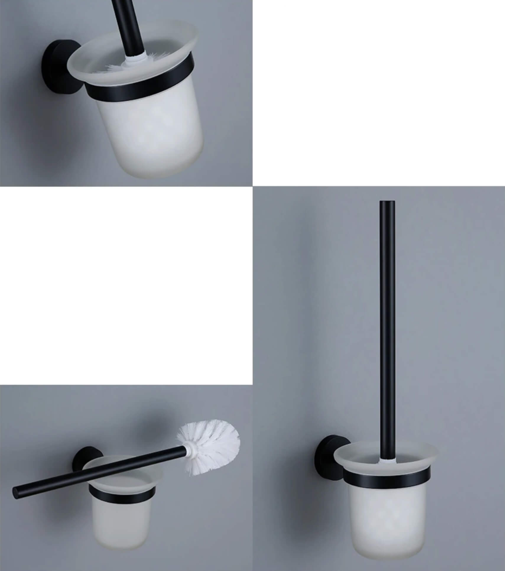 Modern flat-end matte black wall-mounted toilet brush holder Office home Bathroom bath accessories set with white brush, bowl