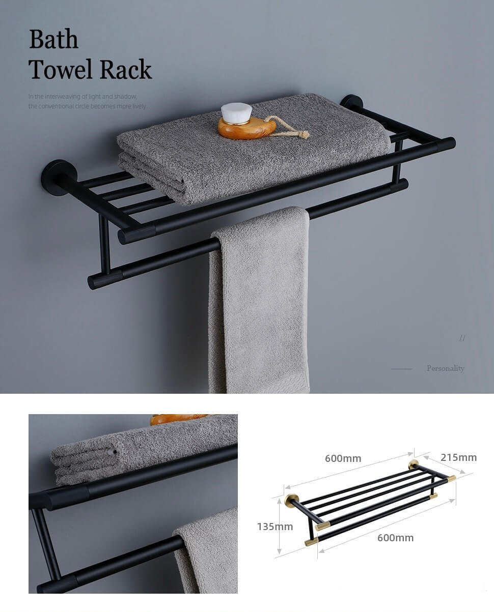 Modern Flat-End Matte Black Wall-Mounted Towel Shelf Rack Bathroom shower bath shelves hardware racks accessory