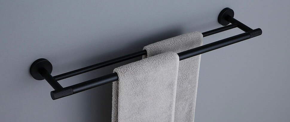 Modern Flat-End Matte Black Wall-Mounted Double-Pole Towel Rack Bathroom bath shower hardware accessory towels racks