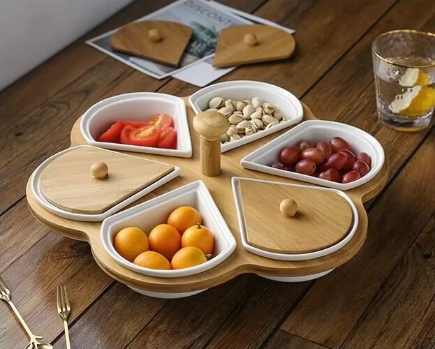 Rotatable Love Heart Shaped Ceramic Plates Snacks Bowl Set Dessert Plate bamboo Wooden Fruit Dish Dinner Porcelain Cake Tray Food Tableware Platters serveware in white with natural light wood