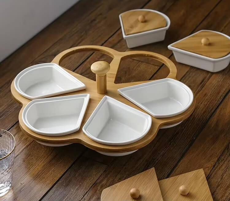 Rotatable Love Heart Shaped Ceramic Plates Snacks Bowl Set Dessert Plate bamboo Wooden Fruit Dish Dinner Porcelain Cake Tray Food Tableware Platters serveware in white with natural light wood