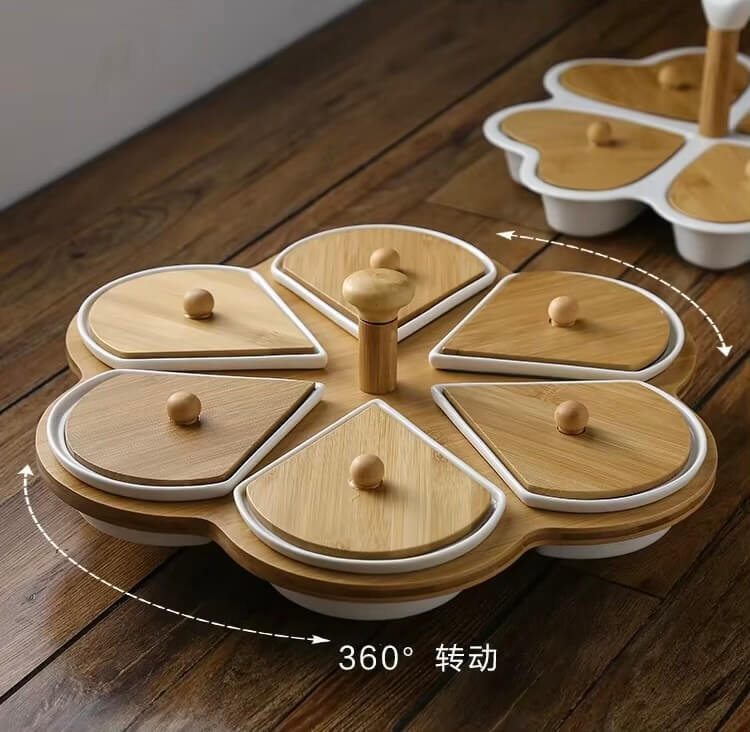 Rotatable Love Heart Shaped Ceramic Plates Snacks Bowl Set Dessert Plate bamboo Wooden Fruit Dish Dinner Porcelain Cake Tray Food Tableware Platters serveware in white with natural light wood