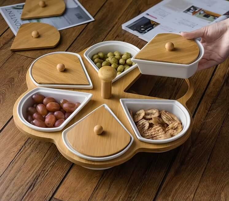 Rotatable Love Heart Shaped Ceramic Plates Snacks Bowl Set Dessert Plate bamboo Wooden Fruit Dish Dinner Porcelain Cake Tray Food Tableware Platters serveware in white with natural light wood