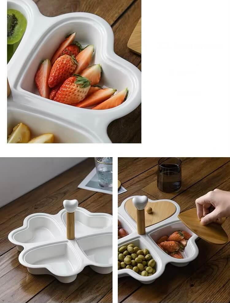Rotatable Love Heart Shaped Ceramic Plates Snacks Bowl Set Dessert Plate bamboo Wooden Fruit Dish Dinner Porcelain Cake Tray Food Tableware Platters serveware in white with natural light wood