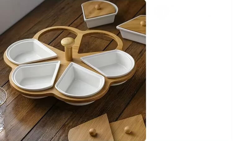 Rotatable Love Heart Shaped Ceramic Plates Snacks Bowl Set Dessert Plate bamboo Wooden Fruit Dish Dinner Porcelain Cake Tray Food Tableware Platters serveware in white with natural light wood