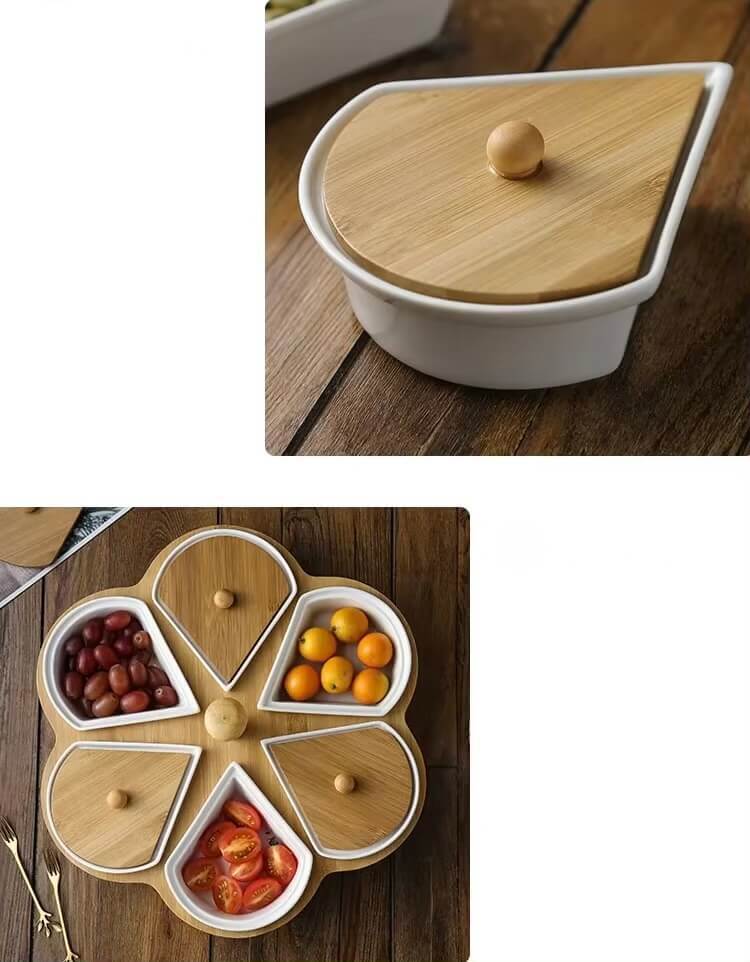 Rotatable Love Heart Shaped Ceramic Plates Snacks Bowl Set Dessert Plate bamboo Wooden Fruit Dish Dinner Porcelain Cake Tray Food Tableware Platters serveware in white with natural light wood