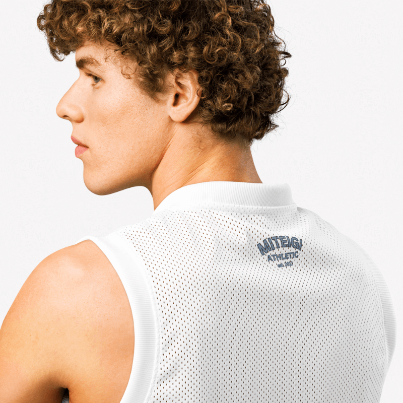 mi Premium Basketball Jersey     Genflex unisex Men’s Women’s activewear boatneck sleeveless breathable sports tank top for man woman in white with black blue gray accent Womens Mens festival gig gear Gender neutral 