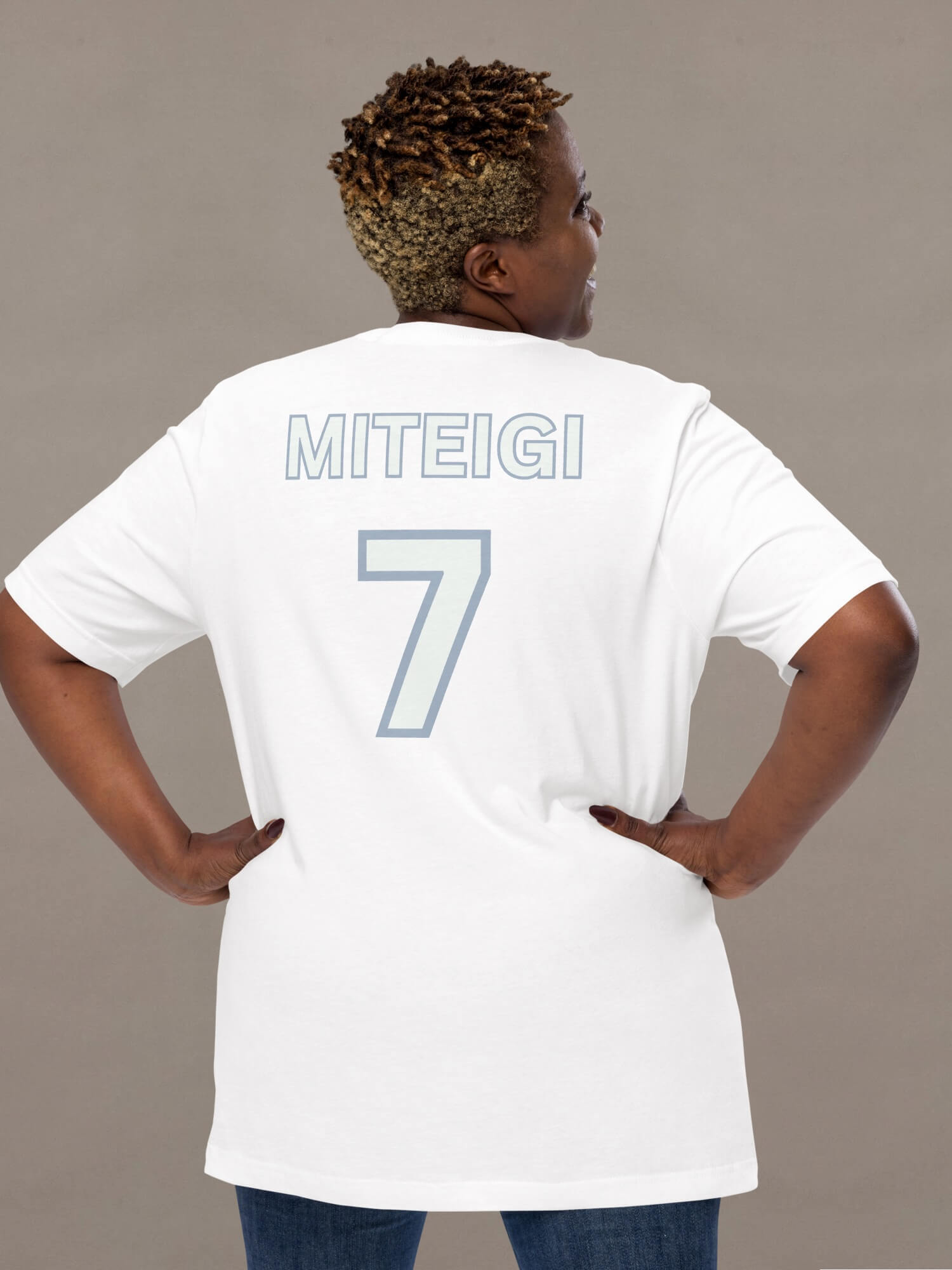 Track T-Shirt 7     Genderful women’s white with Myst blue and light memory green lucky number 7 Detail on back and MITEIGI ACTIVEWEAR est. 2017 logo on front crewneck sports tops for woman  Short sleeves 100% combed and ring-spun cotton fitness activewear T-shirts womens sportswear