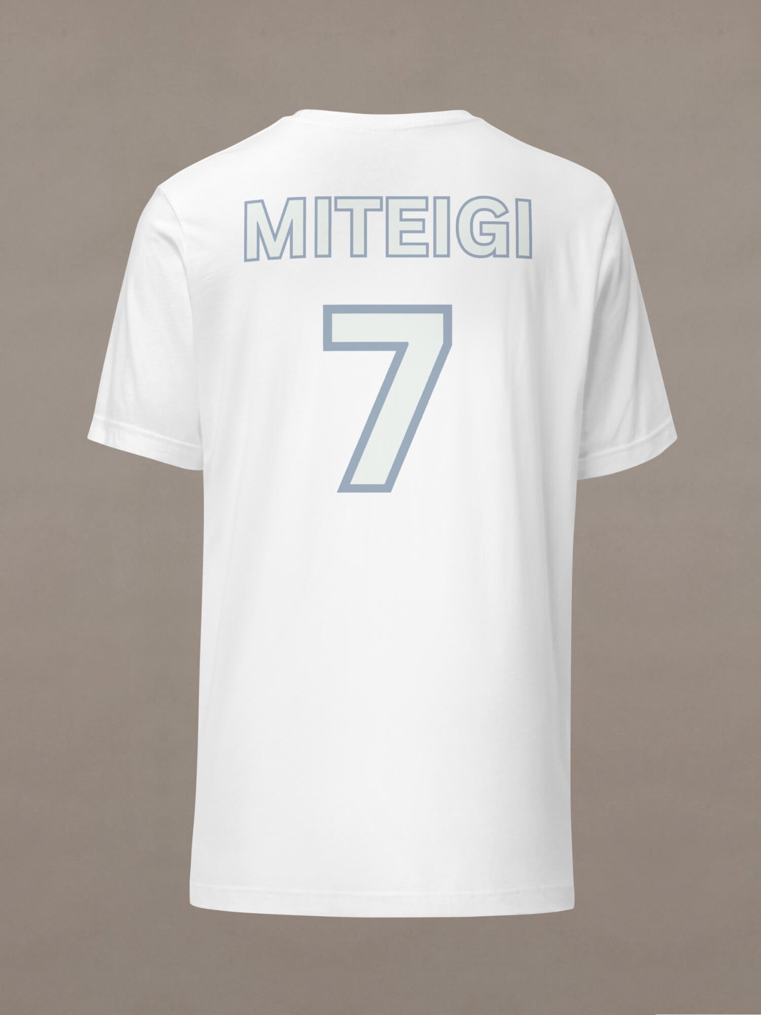 Track T-Shirt 7     Genderful women’s white with Myst blue and light memory green lucky number 7 Detail on back and MITEIGI ACTIVEWEAR est. 2017 logo on front crewneck sports tops for woman  Short sleeves 100% combed and ring-spun cotton fitness activewear T-shirts womens sportswear