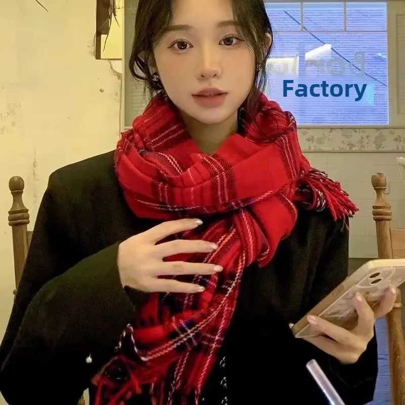 Plaid Fringed Shawl Scarf   Women’s warm atmosphere tassels scarves for woman in red Birthday Christmas Holiday Seasonal Gifts Winter versatile student couple womens checkered wrap