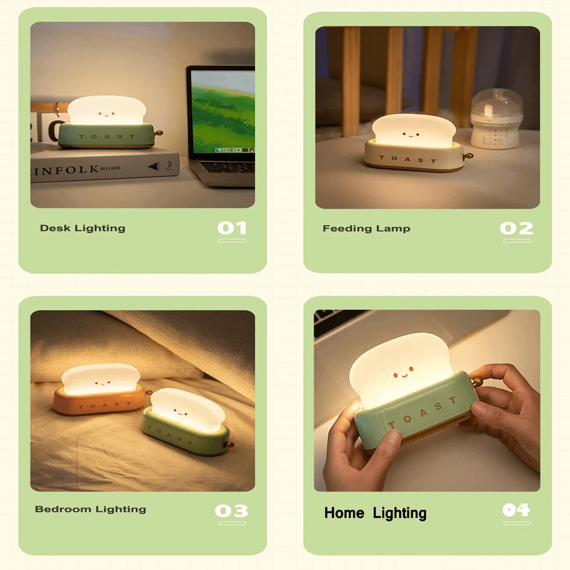 Bread Toast Table Light Toaster Nightlight Creative USB Rechargeable Led Lamp Decor Holiday Baby Bedroom For Birthday Gift in green-, yellow-, base