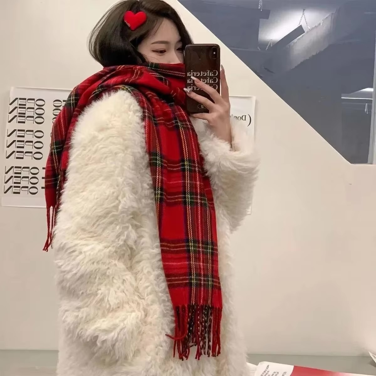 Plaid Fringed Shawl Scarf   Women’s warm atmosphere tassels scarves for woman in red Birthday Christmas Holiday Seasonal Gifts Winter versatile student couple womens checkered wrap