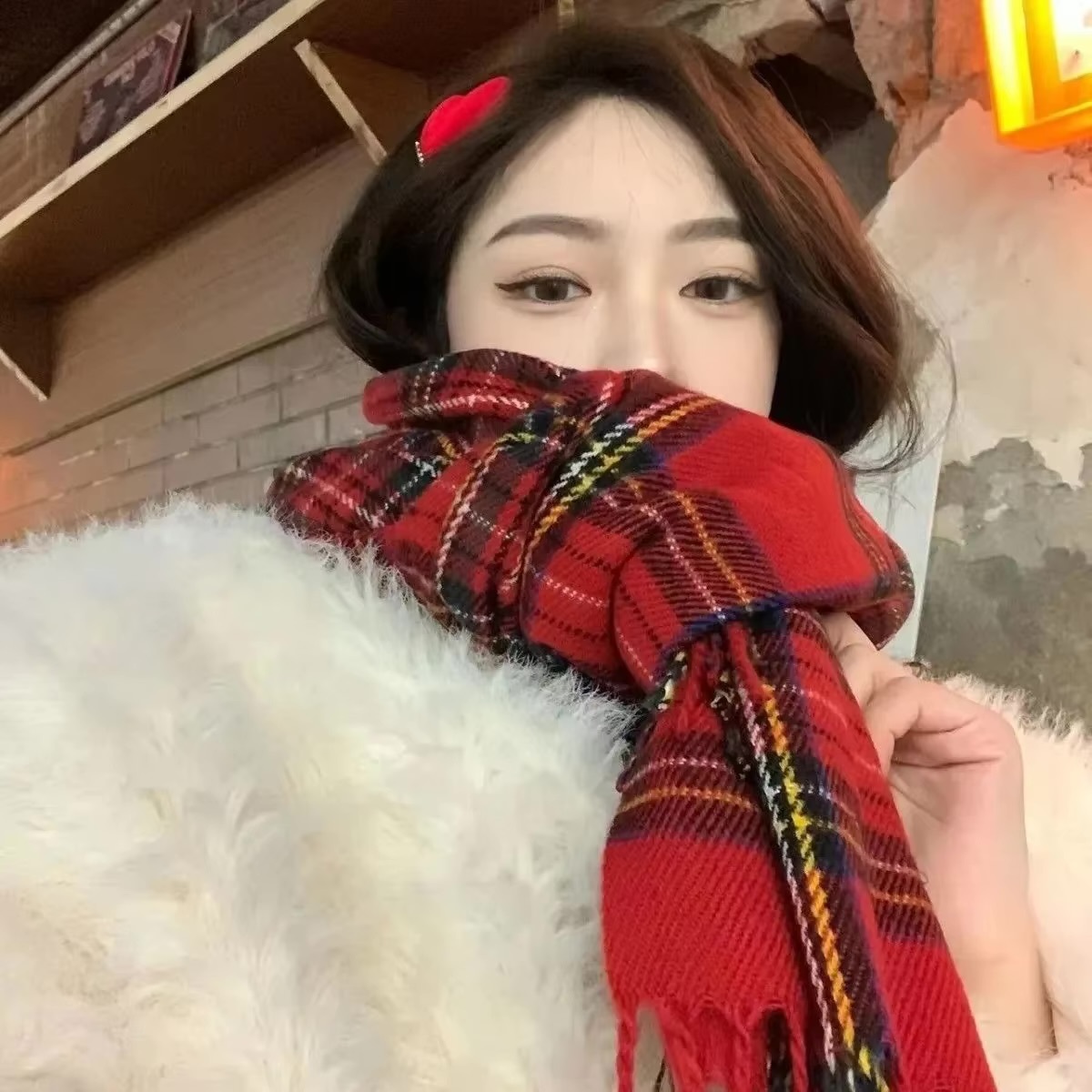 Plaid Fringed Shawl Scarf   Women’s warm atmosphere tassels scarves for woman in red Birthday Christmas Holiday Seasonal Gifts Winter versatile student couple womens checkered wrap