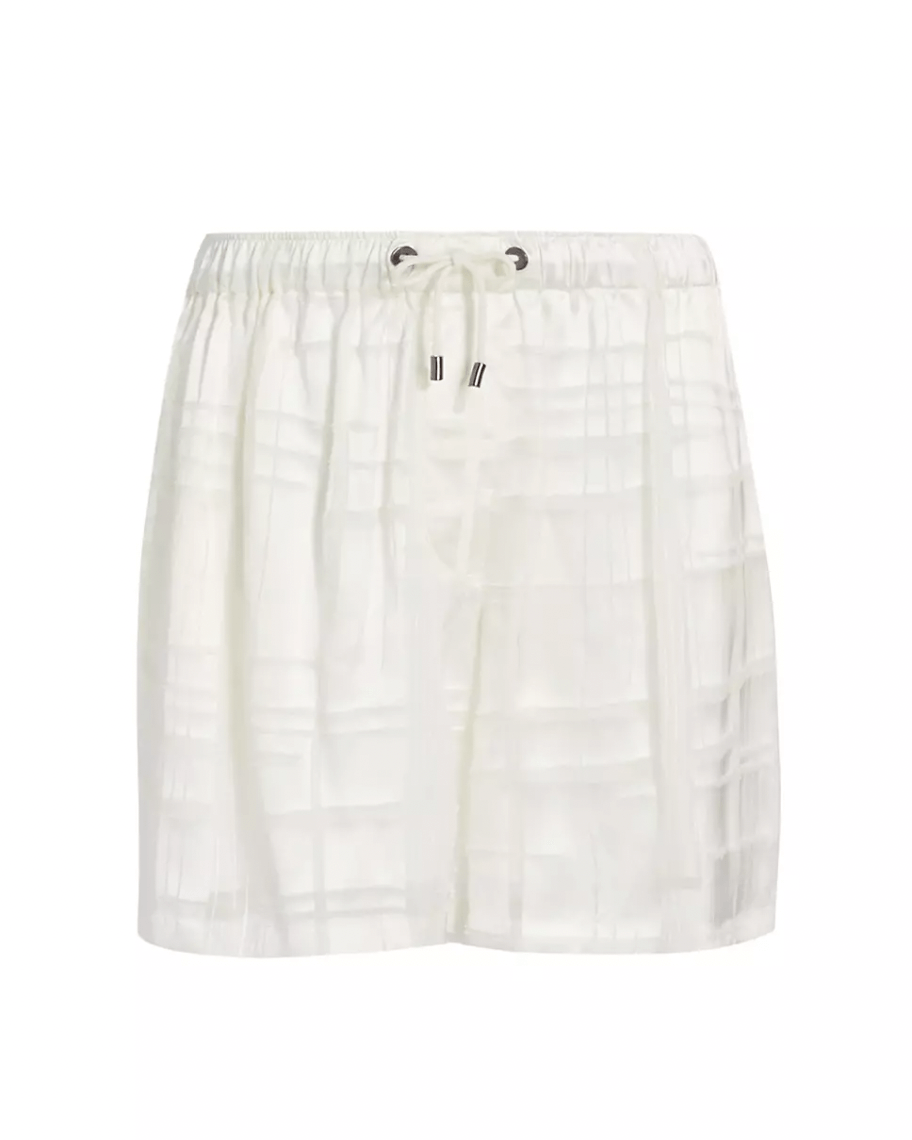 Semi-Sheer Silk Shorts 2-Piece Set    Women’s BC@ Slightly Transparent French Look Spring Summer Checkered Mid rise elastic waist drawcord closure Womens Commuter workwear Shorts + Shirts 2 Piece Semi-Translucent Outfit sets for Woman in white