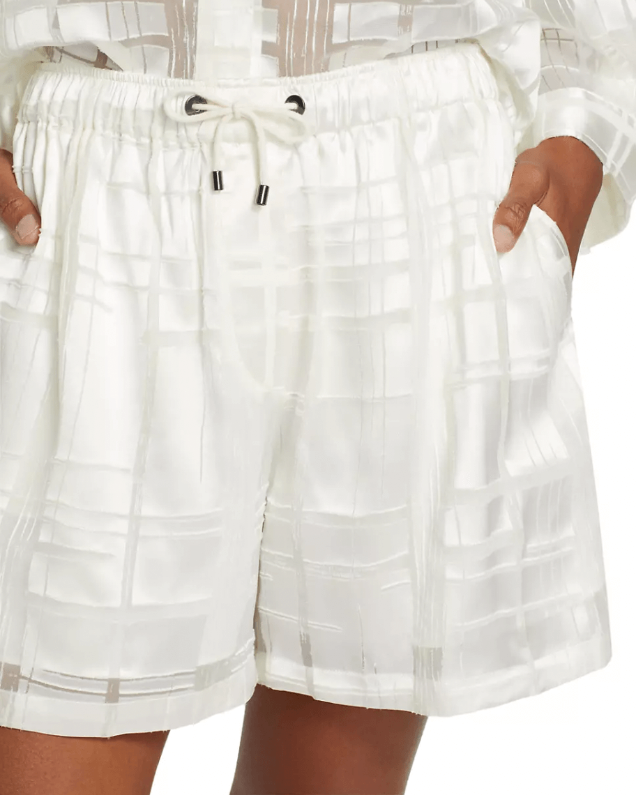 Semi-Sheer Silk Shorts 2-Piece Set    Women’s BC@ Slightly Transparent French Look Spring Summer Checkered Mid rise elastic waist drawcord closure Womens Commuter workwear Shorts + Shirts 2 Piece Semi-Translucent Outfit sets for Woman in white