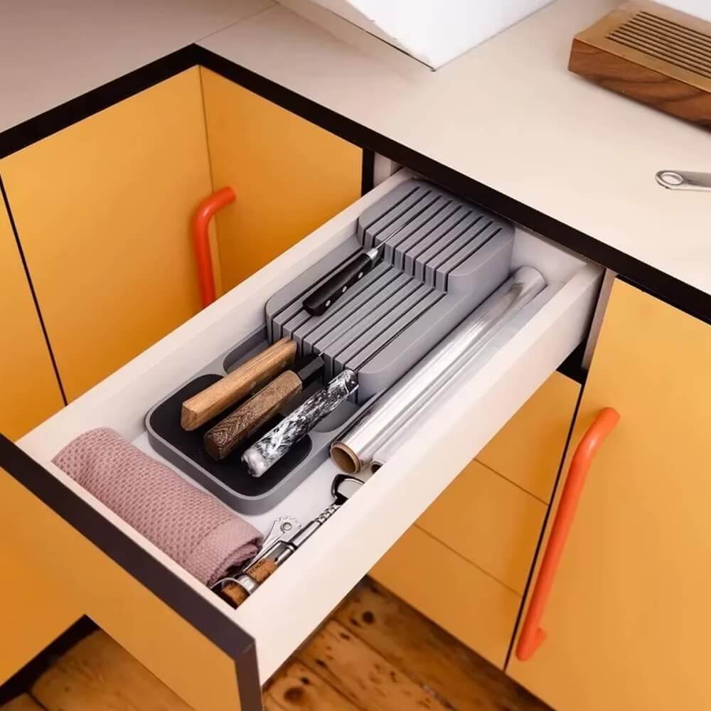 Kitchen Knife Storage Cutlery Drawer Box Tray Holder Organizer Knifes knives Block Rack Organizer in Gray grey