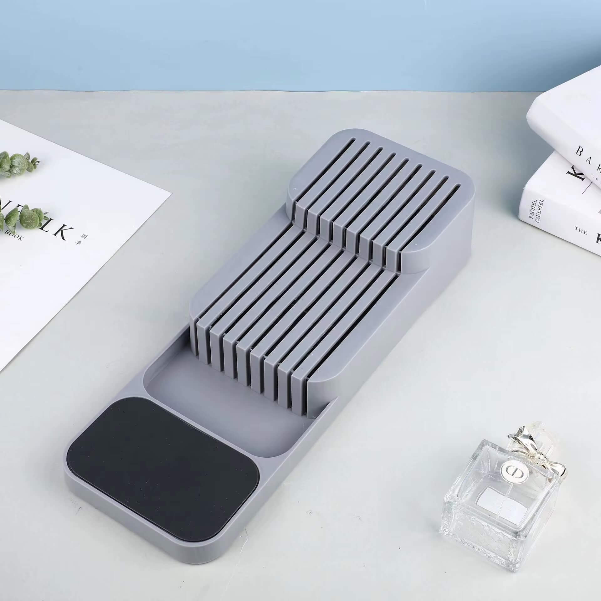 Kitchen Knife Storage Cutlery Drawer Box Tray Holder Organizer Knifes knives Block Rack Organizer in Gray grey