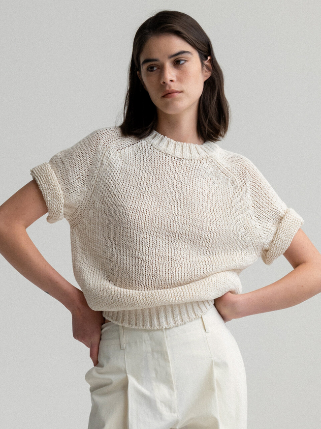 Short Sleeve Sweater white sand   Women’s Spanish Cortan@ Cropped Early Spring Transition Short-Sleeves Comfortable women’s Crochet Knitted Cotton-blend Ribbed Band hem womens Crewneck round o-neck workwear Sweaters for Woman