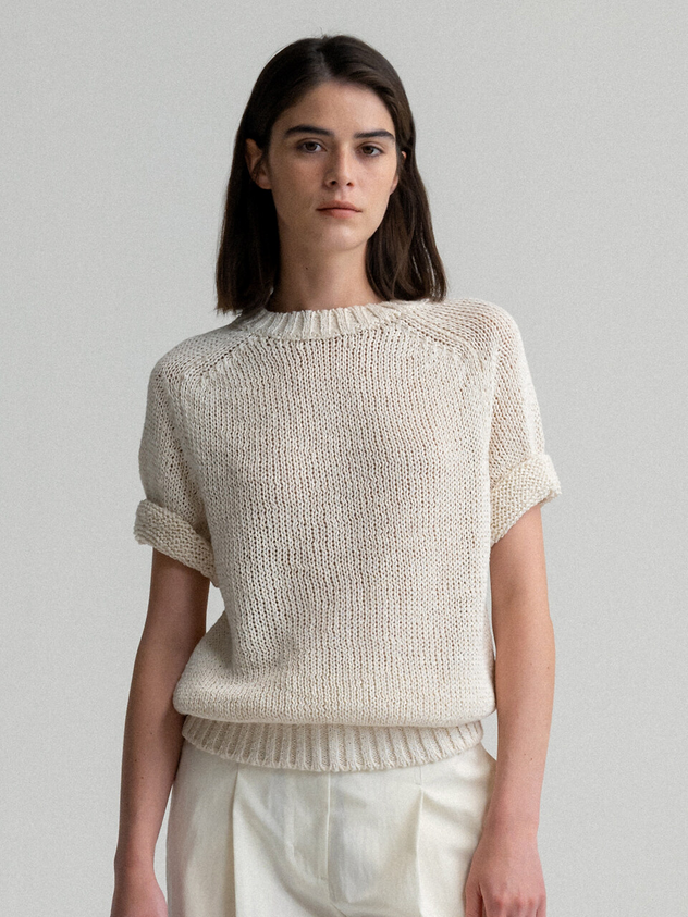 Short Sleeve Sweater white sand   Women’s Spanish Cortan@ Cropped Early Spring Transition Short-Sleeves Comfortable women’s Crochet Knitted Cotton-blend Ribbed Band hem womens Crewneck round o-neck workwear Sweaters for Woman