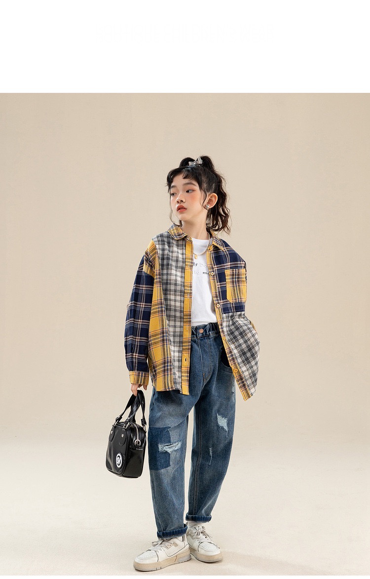 Kids Plaid Shirt  Long Sleeve Blouse for Spring Casual Fashion All-match Teen School Children Costumes 12 13 14 Years Girls Shirts in Checkered Yellow