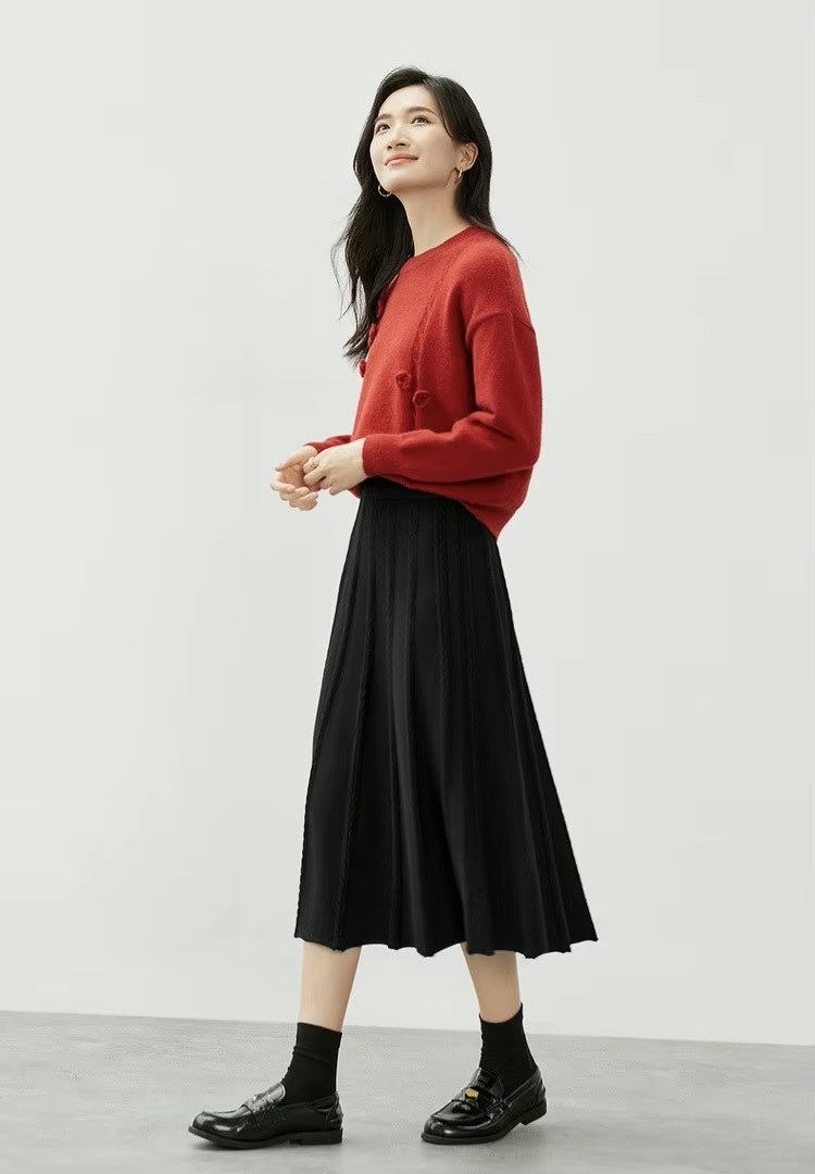 Classic Midi Skirt black      Women’s vintage viscose blend knitted elegant pleated mid rise elastic waist solid simple A-line mid-calf midi-skirts for woman Fall Autumn Winter Spring womens fashion office lady wfh workwear style pleats  #W44Q57643