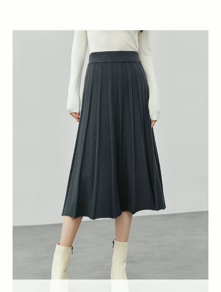 Classic Midi Skirt      Women’s vintage viscose blend knitted elegant pleated mid rise elastic waist solid simple A-line mid-calf midi-skirts for woman in Gray Fall Autumn Winter Spring womens fashion office lady wfh workwear style grey pleats  #W44Q57643