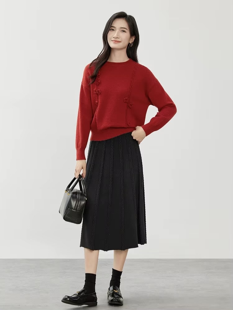 Classic Midi Skirt black      Women’s vintage viscose blend knitted elegant pleated mid rise elastic waist solid simple A-line mid-calf midi-skirts for woman Fall Autumn Winter Spring womens fashion office lady wfh workwear style pleats  #W44Q57643