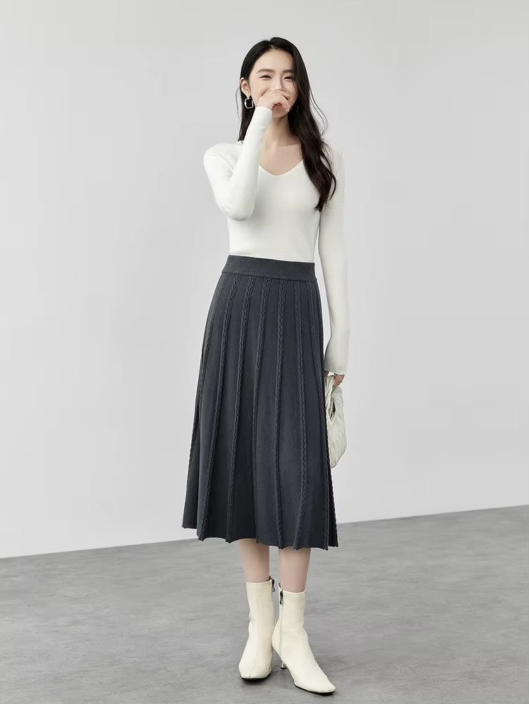 Classic Midi Skirt      Women’s vintage viscose blend knitted elegant pleated mid rise elastic waist solid simple A-line mid-calf midi-skirts for woman in Gray Fall Autumn Winter Spring womens fashion office lady wfh workwear style grey pleats  #W44Q57643
