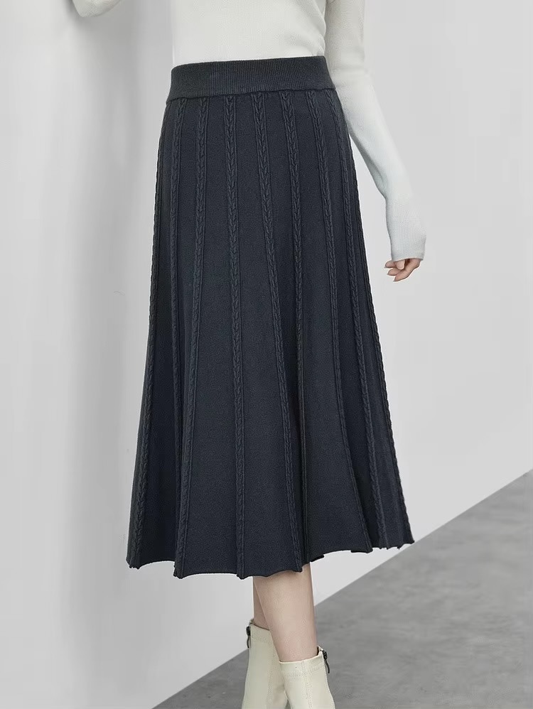 Classic Midi Skirt      Women’s vintage viscose blend knitted elegant pleated mid rise elastic waist solid simple A-line mid-calf midi-skirts for woman in Gray Fall Autumn Winter Spring womens fashion office lady wfh workwear style grey pleats  #W44Q57643
