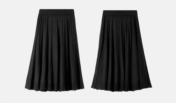 Classic Midi Skirt black      Women&rsquo;s vintage viscose blend knitted elegant pleated mid rise elastic waist solid simple A-line mid-calf midi-skirts for woman Fall Autumn Winter Spring womens fashion office lady wfh workwear style pleats  #W44Q57643