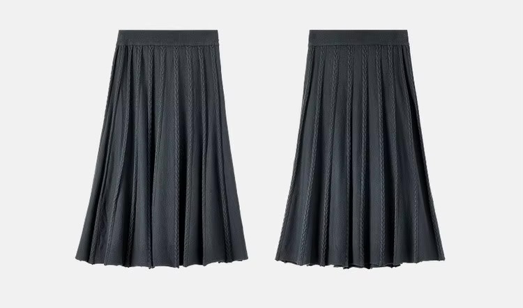 Classic Midi Skirt      Women’s vintage viscose blend knitted elegant pleated mid rise elastic waist solid simple A-line mid-calf midi-skirts for woman in Gray Fall Autumn Winter Spring womens fashion office lady wfh workwear style grey pleats  #W44Q57643