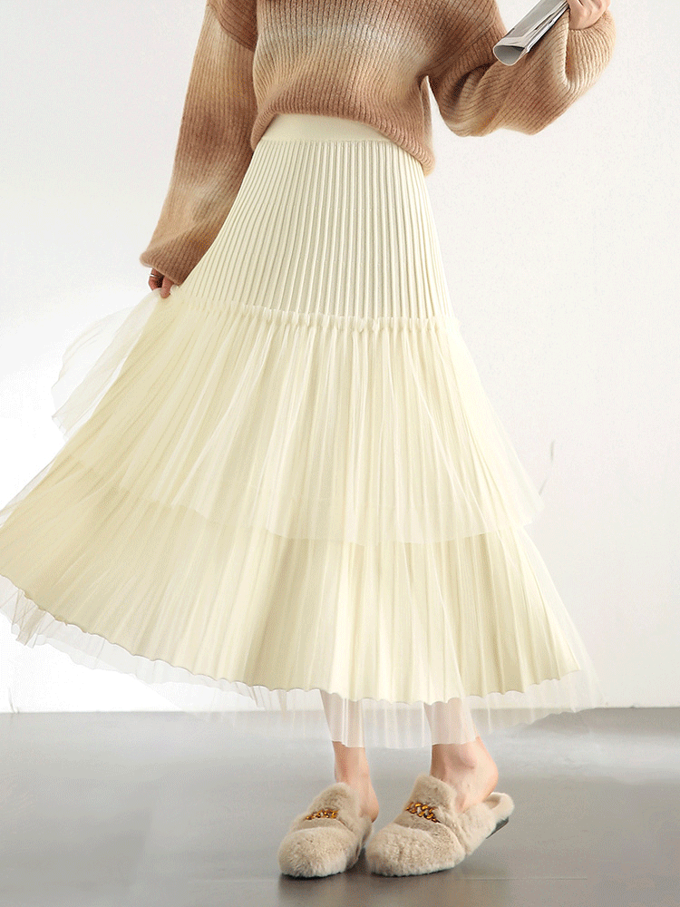 Cake Skirt      Women’s Elegant patchwork mesh gauze pleated detail A-line high rise waist natural waistline knitted regular fit for woman in black Fall Autumn Spring womens pleats folds mid-calf Skirts #W44Q57447