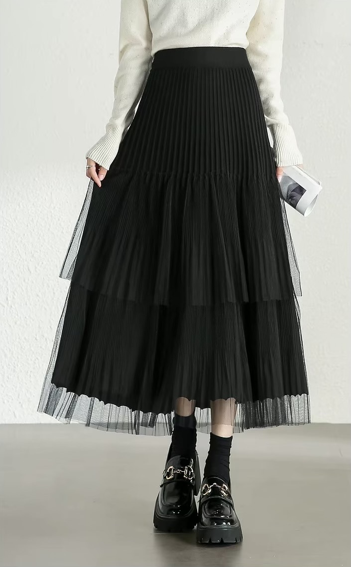Cake Skirt      Women’s Elegant patchwork mesh gauze pleated detail A-line high rise waist natural waistline knitted regular fit for woman in black Fall Autumn Spring womens pleats folds mid-calf Skirts #W44Q57447