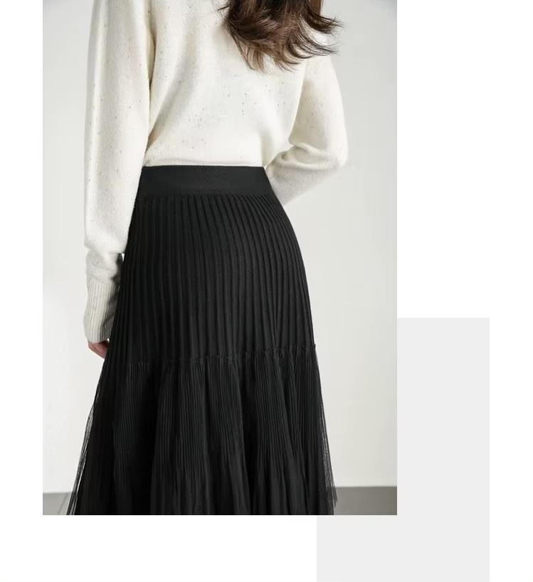 Cake Skirt      Women’s Elegant patchwork mesh gauze pleated detail A-line high rise waist natural waistline knitted regular fit for woman in black Fall Autumn Spring womens pleats folds mid-calf Skirts #W44Q57447