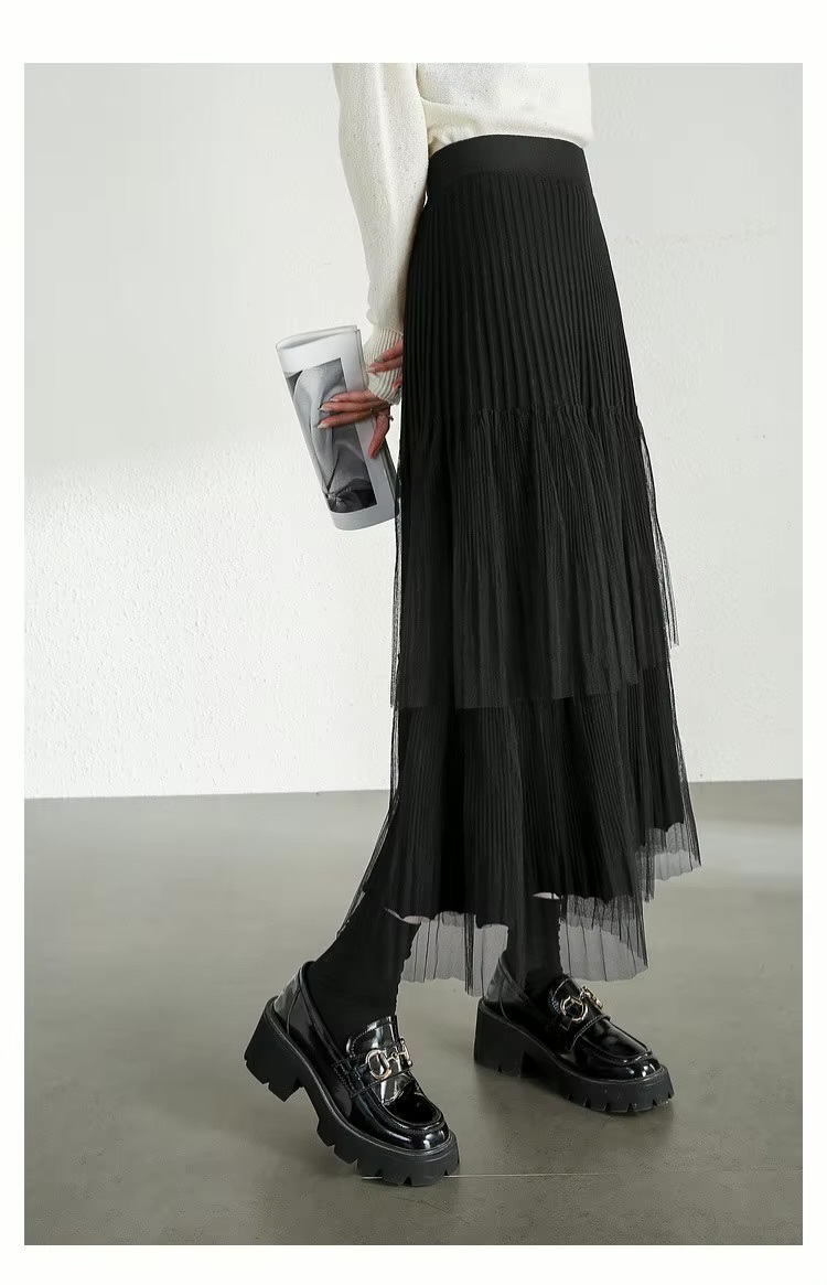 Cake Skirt      Women’s Elegant patchwork mesh gauze pleated detail A-line high rise waist natural waistline knitted regular fit for woman in black Fall Autumn Spring womens pleats folds mid-calf Skirts #W44Q57447