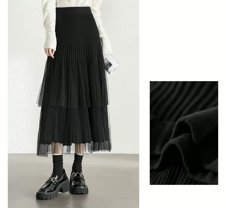 Cake Skirt      Women’s Elegant patchwork mesh gauze pleated detail A-line high rise waist natural waistline knitted regular fit for woman in black Fall Autumn Spring womens pleats folds mid-calf Skirts #W44Q57447
